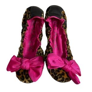 Ballasox Foldable Ballet Flats Faux Fur Animal Print W/Bow Size 6